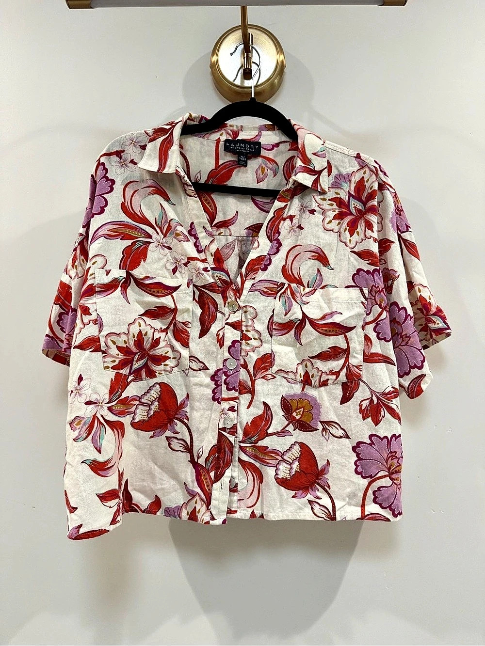 Laundry by Shelli Segal Floral Button Down Shirt in White & Red Size XL